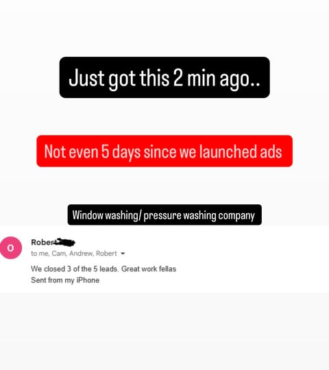 Email screenshot showing window washing company received ad campaign feedback with timeline indicators and metrics about client closes