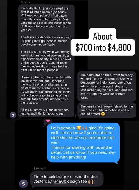 Text conversation about converting a $700 design lead into a $4,800 booked job through consultation and email nurturing strategy