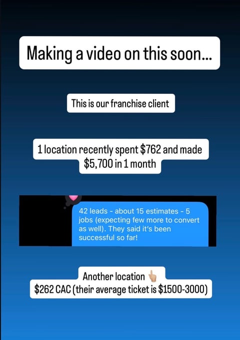 Text conversation about franchise client success metrics including leads, estimates, and customer acquisition costs