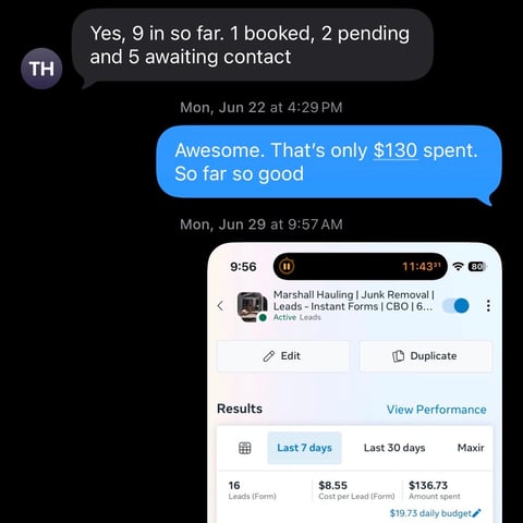Text conversation and Google Ads campaign screenshot showing junk removal leads with 9 bookings