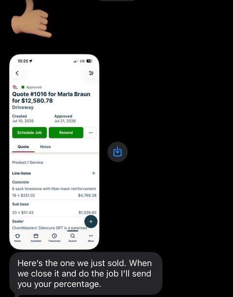 Mobile app showing approved quote #1016 for $12,580.78 with job details
