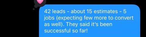 Blue text message bubble showing sales metrics: 42 leads, about 15 estimates, 5 jobs converted