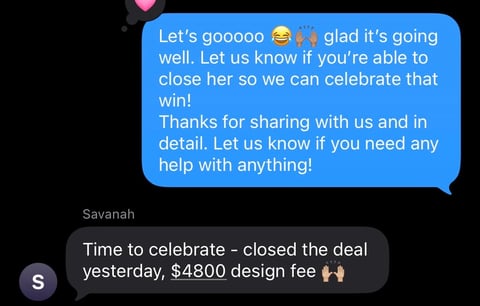 Chat conversation celebrating a closed deal with $4800 design fee