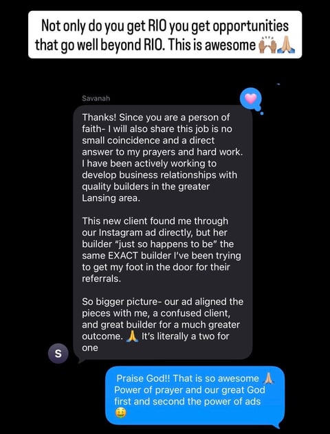 Screenshot of a text message conversation about business opportunities and answered prayers, showing two people discussing RIO benefits and networking success